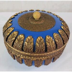 VTG CZECHIA ROYAL DUX BRONZE & BLUE PORCELAIN JEWELRY TRINKET BOX w/LID 1930's
